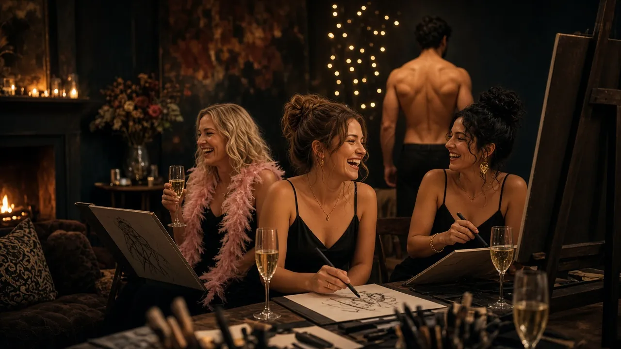 Three guests laughing and drawing a male model at a private life drawing session.